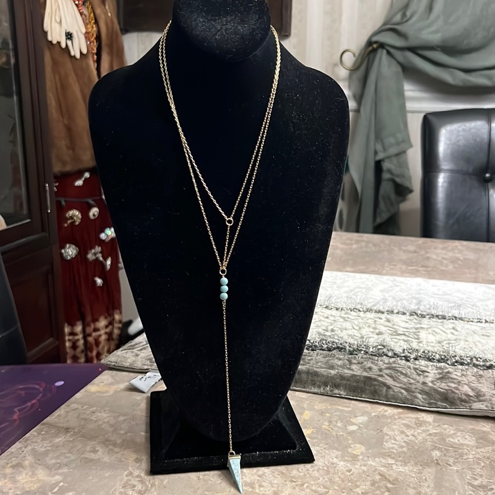 Bubble bar, gold tone, Y shaped necklace with blue stones